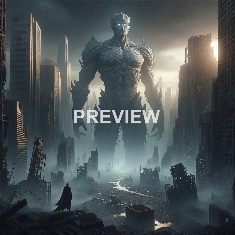 A colossal humanoid creature with glowing eyes and a bark-like body stands amidst a destroyed cityscape with broken buildings and a river of debris, under a cloudy sky with the sun setting in the background.